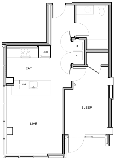Floor plan for 1 bed, 1 bath, 728 sqft